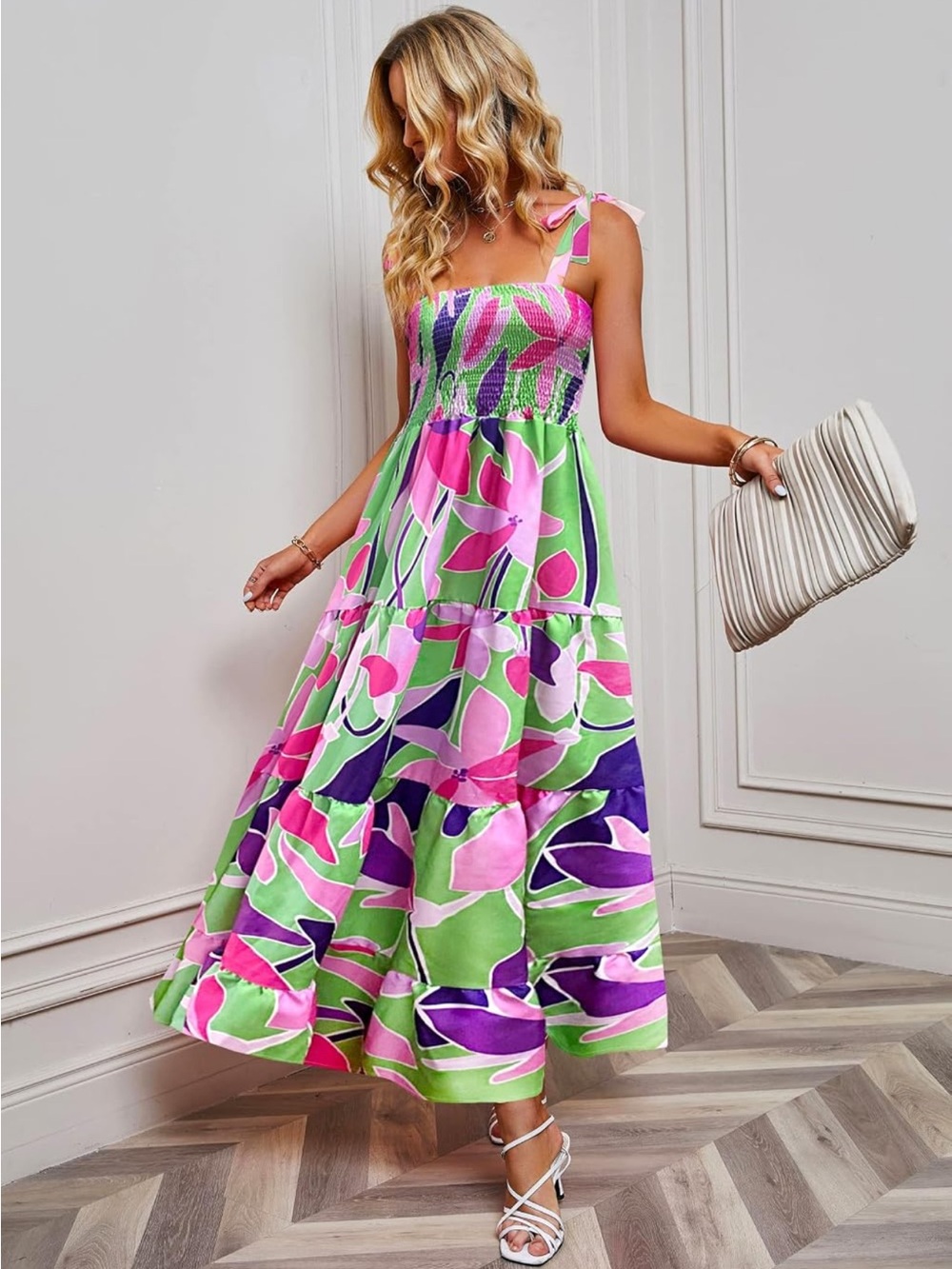 Floral Tie-Shoulder Maxi Dress in Pink & Green